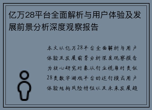 亿万28平台全面解析与用户体验及发展前景分析深度观察报告