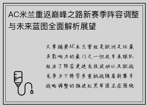 AC米兰重返巅峰之路新赛季阵容调整与未来蓝图全面解析展望